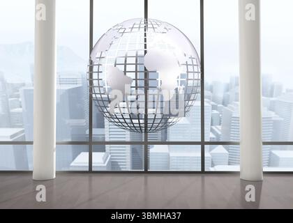 Silver globe floating in room Stock Photo