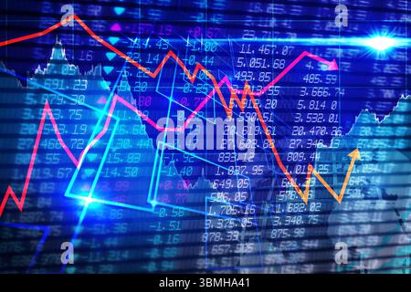 Colored line charts are showing trends on blue grid with tickers, arrows and world map silhouette Stock Photo