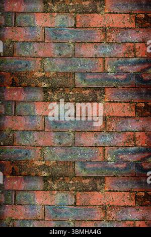 Flat design showing weathered red brick wall surface with moss, lichen on transparent background Stock Photo
