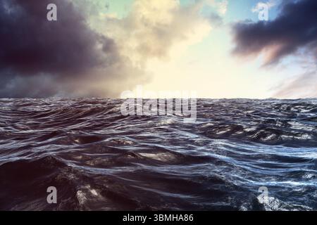 Flat illustration is showing choppy ocean waves with horizon under storm clouds and sunlit sky Stock Photo