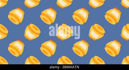 Honey Jar Seamless Pattern Design. Seamless pattern with cute stylized honey jars on soft blue background. Flat cartoon style with warm yellow-orange Stock Vector