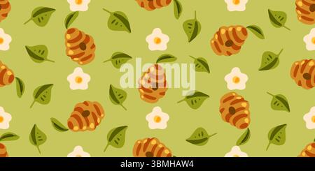 Beehive Flower Leaf Pattern Design. Seamless pattern with cartoon beehives, white flowers and green leaves on soft olive background. Flat vector style Stock Vector