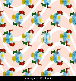 Summer Drink Fruit Seamless Pattern. Seamless pattern with refreshing summer drink, lemon slices, strawberries and mint on a pink wavy background. Fla Stock Vector