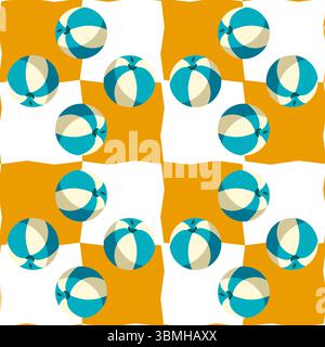 Beach Ball Summer Pattern Design. Seamless pattern with turquoise beach balls scattered over orange and white wavy checkered background. Flat cartoon Stock Vector