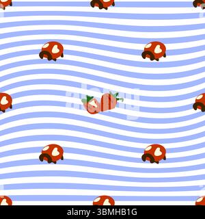 Bug and Strawberry Seamless Pattern. Whimsical seamless pattern with red bugs and paired strawberries on a wavy blue striped background. Flat cartoon Stock Vector