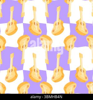 Cartoon Guitar Seamless Pattern Design. Seamless pattern with yellow acoustic guitars decorated with stars on a purple checker background. Flat cartoo Stock Vector