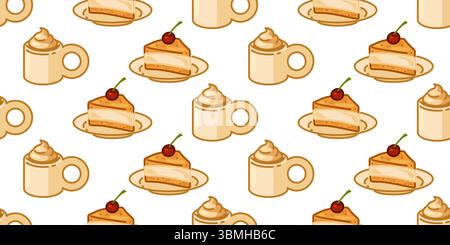 Seamless Cake and Coffee Pattern. Seamless pattern with cartoon mugs topped with whipped cream and cake slices with cherry on plates. Soft beige palet Stock Vector