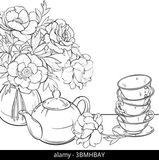Cup of Tea and Teapot Outline Illustration. Stock Vector