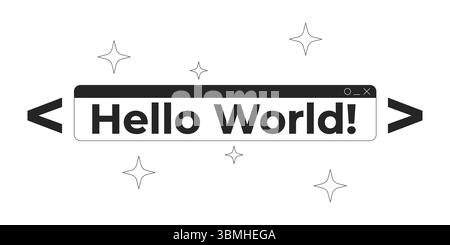 Hello world text coding banner in sparkles and code brackets 2D line object Stock Vector