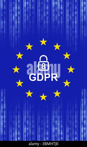 GDPR emblem is standing out in flat digital illustration, with binary code streams and padlock icon Stock Photo