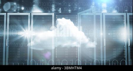 Cloud icon is floating and glowing above server cabinets with status LEDs overlaying binary code Stock Photo