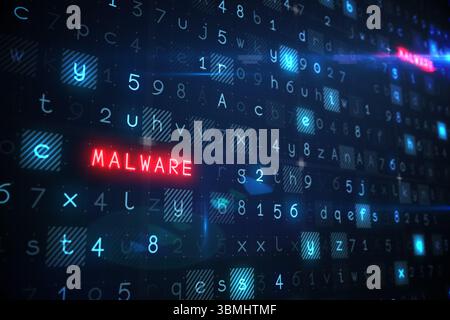 Red glowing MALWARE block is shining on dark digital grid illustration, with blue code cells Stock Photo