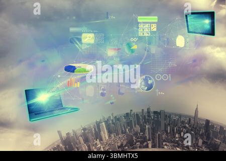 flat design laptop is projecting data beam over urban skyline with tablet, charts and icons Stock Photo
