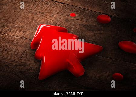 3D glossy red liquid arrow is resting on rustic wooden plank surface, showing scattered droplets Stock Photo