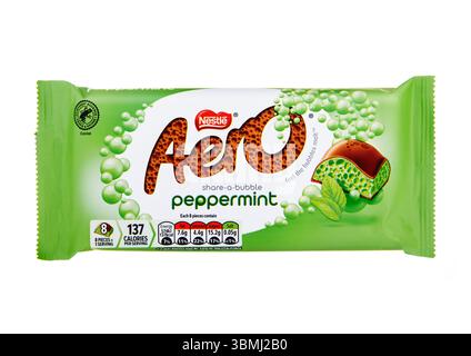 LONDON, UK - DECEMBER  01, 2024: Aero peppermint chocolate bar on white isolated background.Feel the bubbles melt. Stock Photo
