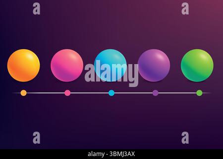 Horizontal infographic with 3D glossy spheres representing process stages on dark background Stock Vector
