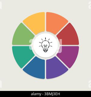 Infographic with eight colorful parts surrounding lightbulb, symbolizing creative process Stock Vector