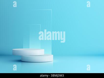 minimalist 3d modern concept featuring white cylindrical platforms on a reflective blue surface with translucent panels, product display, mockup, or t Stock Vector