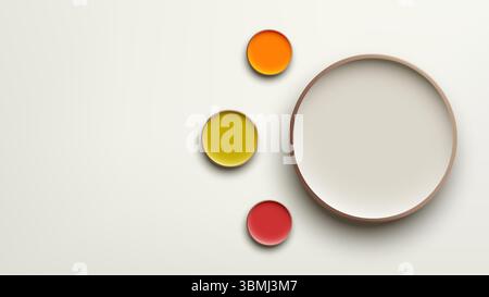 modern abstract 3D large light circle with thick rim three smaller bright circles orange, yellow, red on a soft off white background, graphic design, Stock Vector