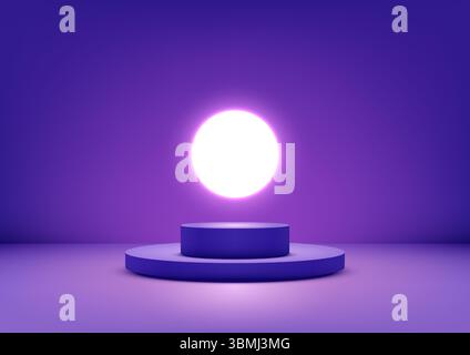 radiant white circle resembling a sun or moon glows against a vibrant purple background, illuminating 3D cylindrical pedestal, mystical and minimalist Stock Vector