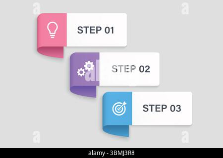 Horizontal paper-style infographic steps with icons and shadows for presentation use Stock Vector