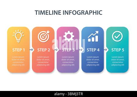Gradient steps with icons representing idea, goal, setting, growth, and success Stock Vector