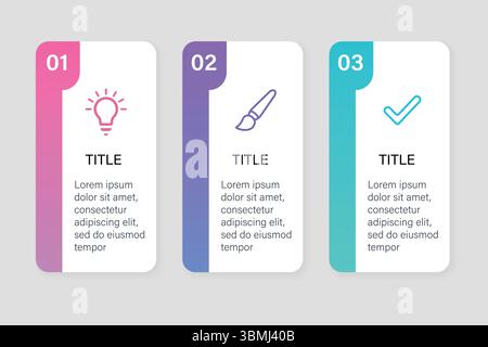 Three vertical step cards with icons and text in gradient color design Stock Vector