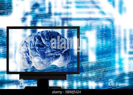 Artificial intelligence and digital brain technology displayed on computer monitor, machine learning concept Stock Photo