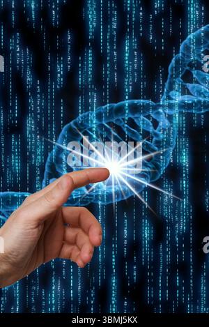 hand touching a dna helix, genome and biotech research concept Stock Photo