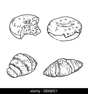 Delicious pastries, sweet rolls and croissants, donut with icing, a black and white ink sketch. Vector illustration. Set from bakery and pastry shop Stock Vector