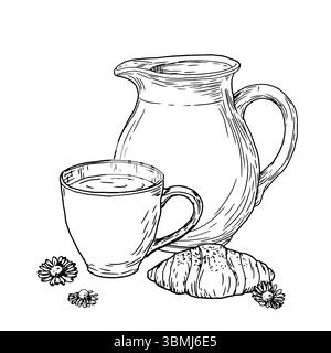 A jug of milk and a mug, next to a bun, a croissant, a black and white ink sketch. Vector illustration. Rustic breakfast, isolated on a white Stock Vector