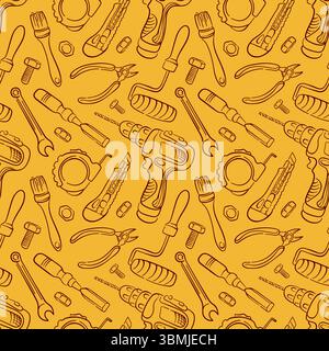 Seamless pattern with construction tools in line art style on yellow background. Design for building store with drill, Paint Roller, Tape Measure Stock Vector