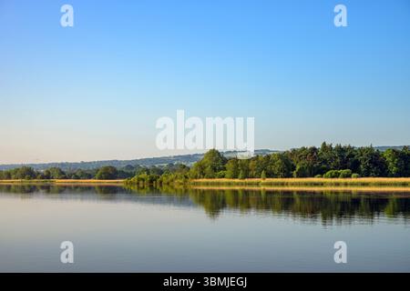 Chew Valley lake in Spring taken early morning on a lovely sunny morning with beautiful green spring foliage and blue sky Stock Photo
