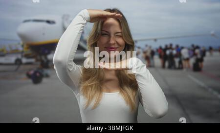 Woman smiles and holds hands beside face framing gesture at airport; optimism anticipation imagination. Stock Photo