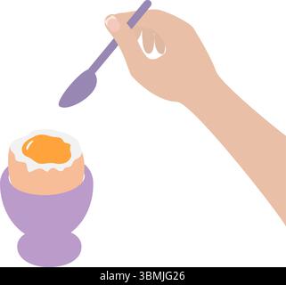 European Women Hand Hold spoon under Soft Boiled Egg in Lavender Egg Bowl Healthy breakfast design. Isolated Vector illustration Food Poster or Menu Cards idea Promo banner, leaflets, label, price tag Stock Vector