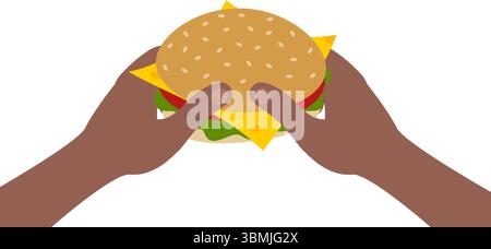 Afro American Mens Hands Holding Cheese burger with vegetables and greens Fast Food Delivery design. Isolated Vector illustration Fast Food Related advertising content Menu cards, price tag, leaflets Stock Vector