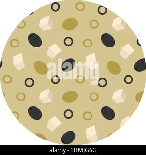 Freehand Dark and green Olives Whole and slice and Cheese Cubes Seamless Pattern on Circle Backdrop. Isolated Vector illustration Healthy Food or Menu Cards Promo banners, leaflets, labels, price tag Stock Vector