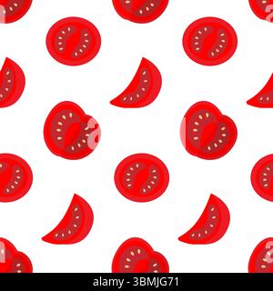 Hand Drawn Ripe Red Tomatoes Different slices Seamless Pattern Colorful Food Cards Thematic Backdrop. Isolated Vector illustration Food Poster Backdrop or promo banner, leaflet, tag, social media post Stock Vector