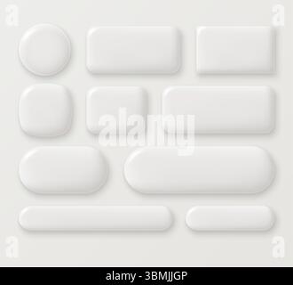 Set of white blank glossy monochrome buttons of different shapes in 3D style. Round, square and rectangular icons or frames. Vector illustration. Stock Vector