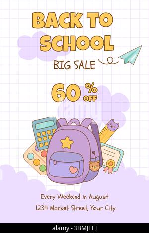 Bright sale poster for school season. Backpack, paint palette, certificate, ruler and discount text in colorful cute cartoon style. Stock Vector