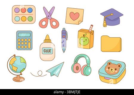 Set of colorful school icons juice box, pen, calculator, headphones, glue, paper plane and folder. Ideal for education themes. Stock Vector