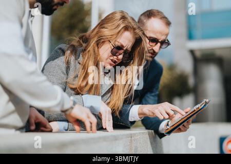 Business people analyzing project details on a tablet in outdoor setting Stock Photo