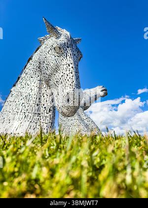 Low angle view of The Kelpies, two horse head sculptures against a vivid blue sky with green grass in the foreground Falkirk scotland Stock Photo