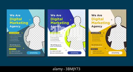 Professional social media post templates designed for digital marketing agencies. Includes contact info, services offered, and a modern layout. Stock Vector