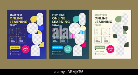 Colorful and modern social media post templates for promoting online courses. Includes editable photo placeholders and icons. Stock Vector