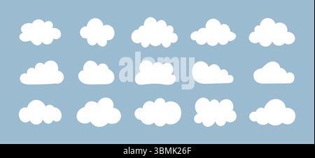 Clouds in blue sky. White puffy, fluffy, cumulus clouds on blue background. Cloudy shapes. Weather elements template. Objects cloudscape. Stock Vector