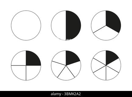 Round divided diagrams with from one to six segments. Circle division on from 1 to 6 equal parts. Coaching blanks. Infographic set. Pizza, pie charts Stock Vector
