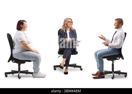 People sitting in office chairs and having a discussion isolated on white background Stock Photo