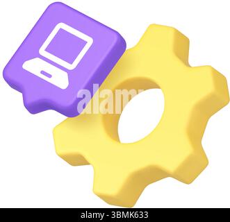 Yellow gear combined with a purple speech bubble featuring a computer icon, symbolizing settings, digital services, and software development. 3d icon Stock Vector