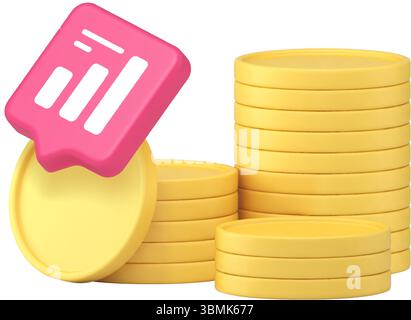 Stacked gold coins in pyramid shape with pink chart symbol illustrating finance, business data, and economic analytics in a digital environment. 3d ic Stock Vector